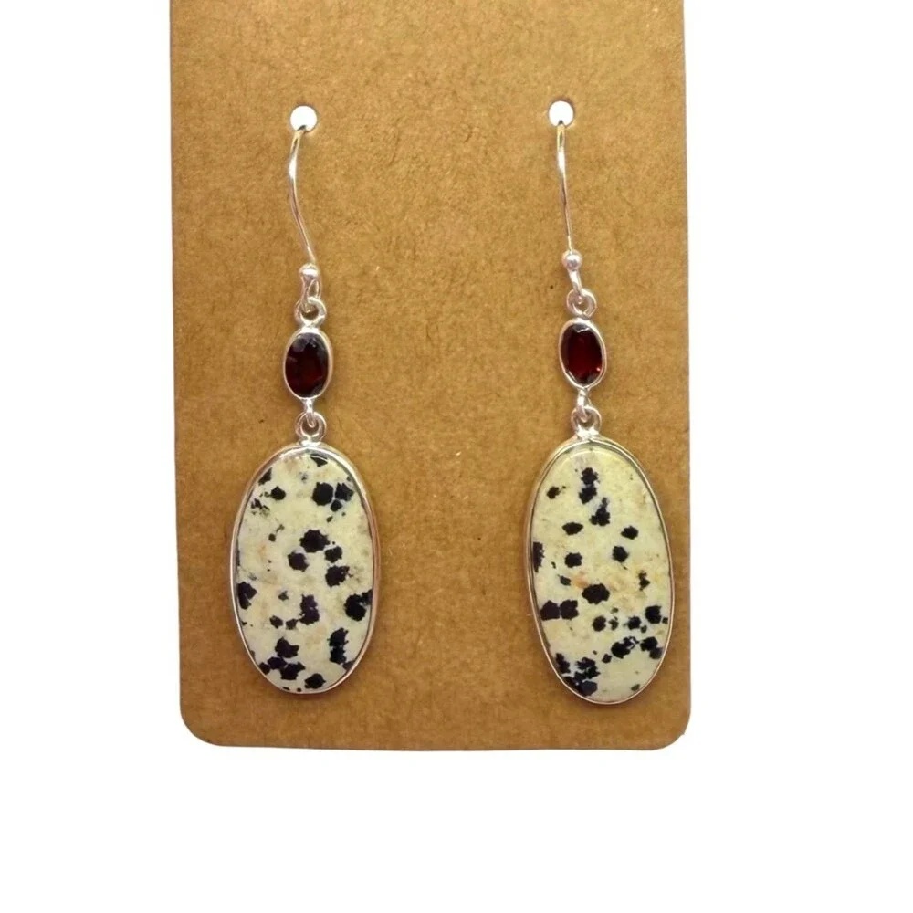 Dalmatian Jasper Garnet Earrings Solid 925 Sterling Silver